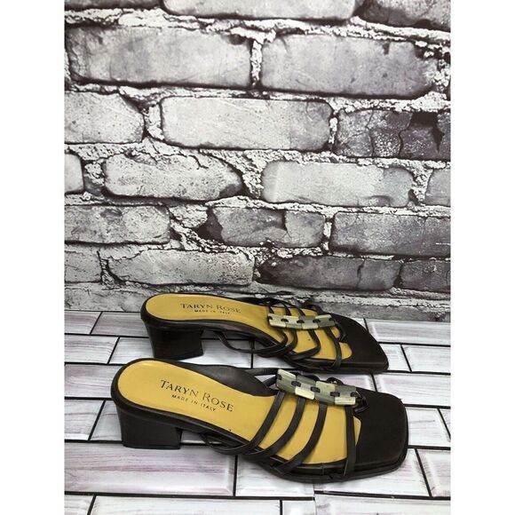 Taryn Rose Brown Leather Stone Slides Strap Heel Sandals Women Sz 38EU/7.5M US - Picture 6 of 16